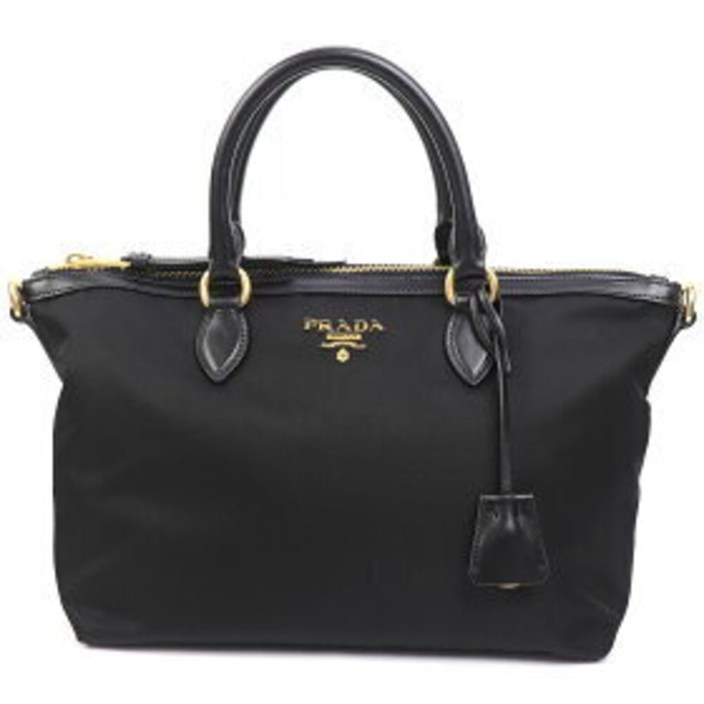 Prada Handle Shoulder Metal Bag Saffiano Tessuto Black Top Leather Logo